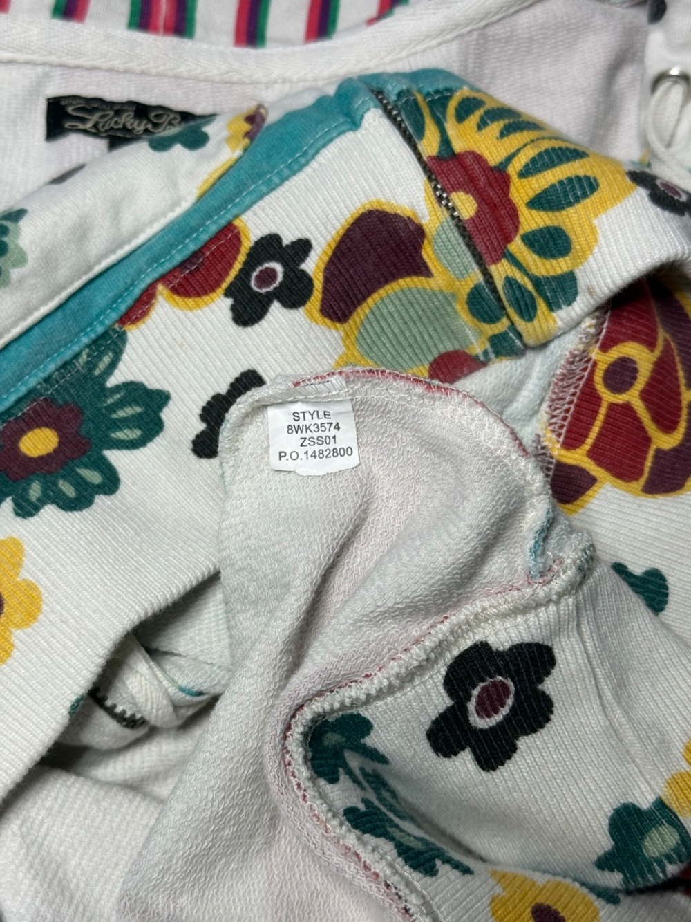 Y2K Lucky Brand "Shibuya Kitty" XL Applique Hoodie Rising Sun Striped Floral - Picture 11 of 11